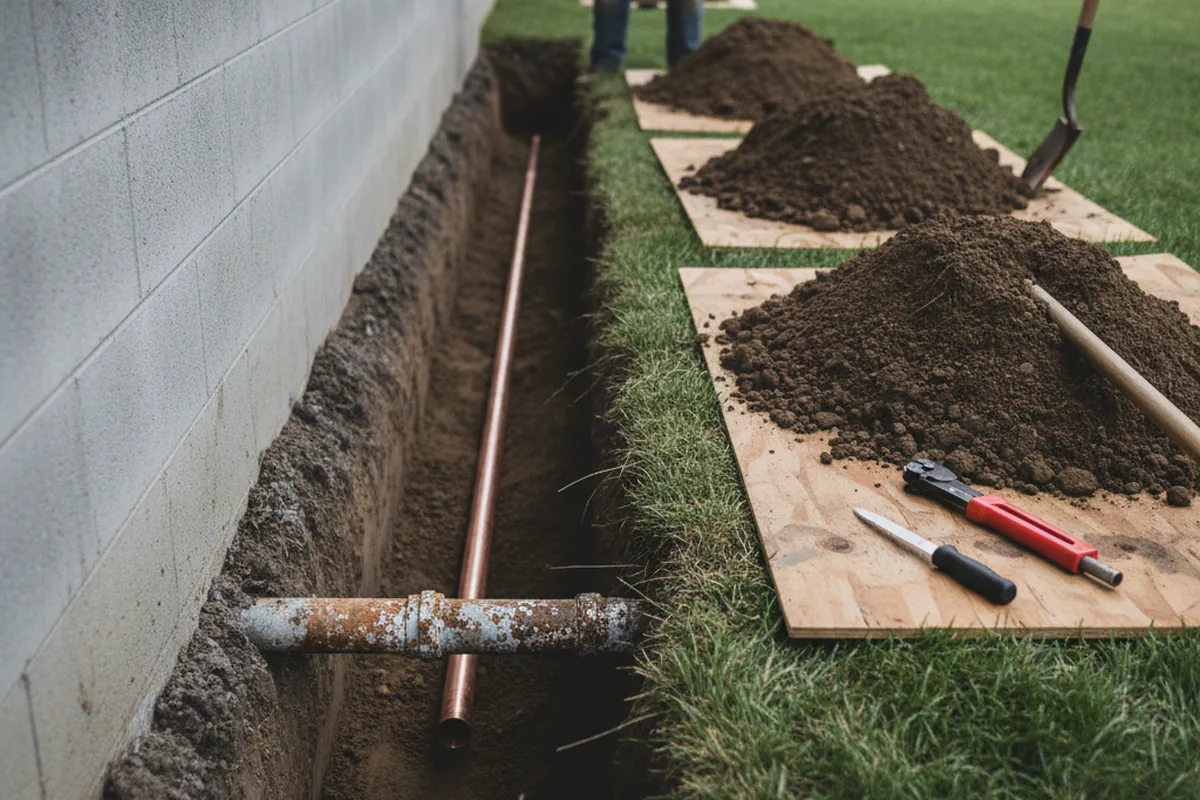 Excavated water line trench during Sewer Line Repair in San Felipe